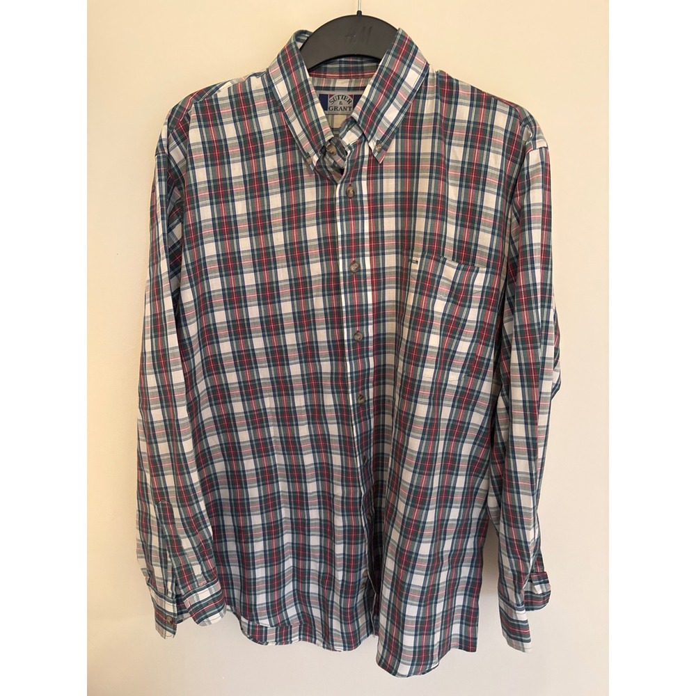 Sutter & Grant Mens Large Plaid Button Down Shirt Green Red White Long Sleeve